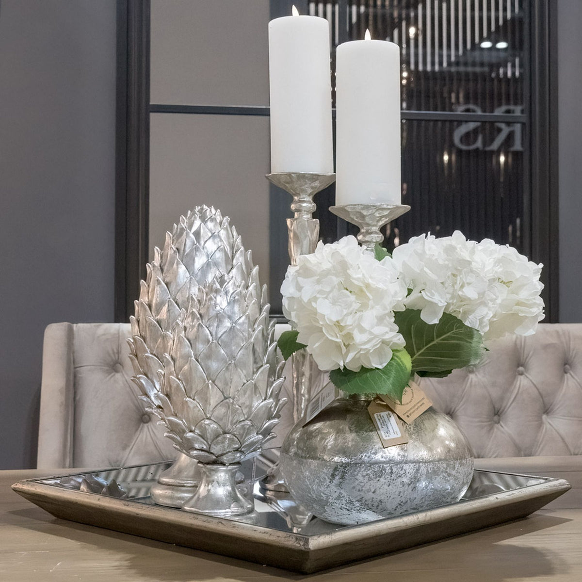 Distressed Mirrored Square Tray with Wooden Detailing - Small