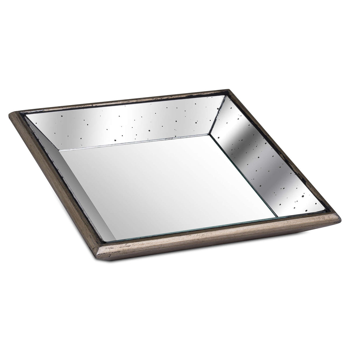 Distressed Mirrored Square Tray with Wooden Detailing - Small