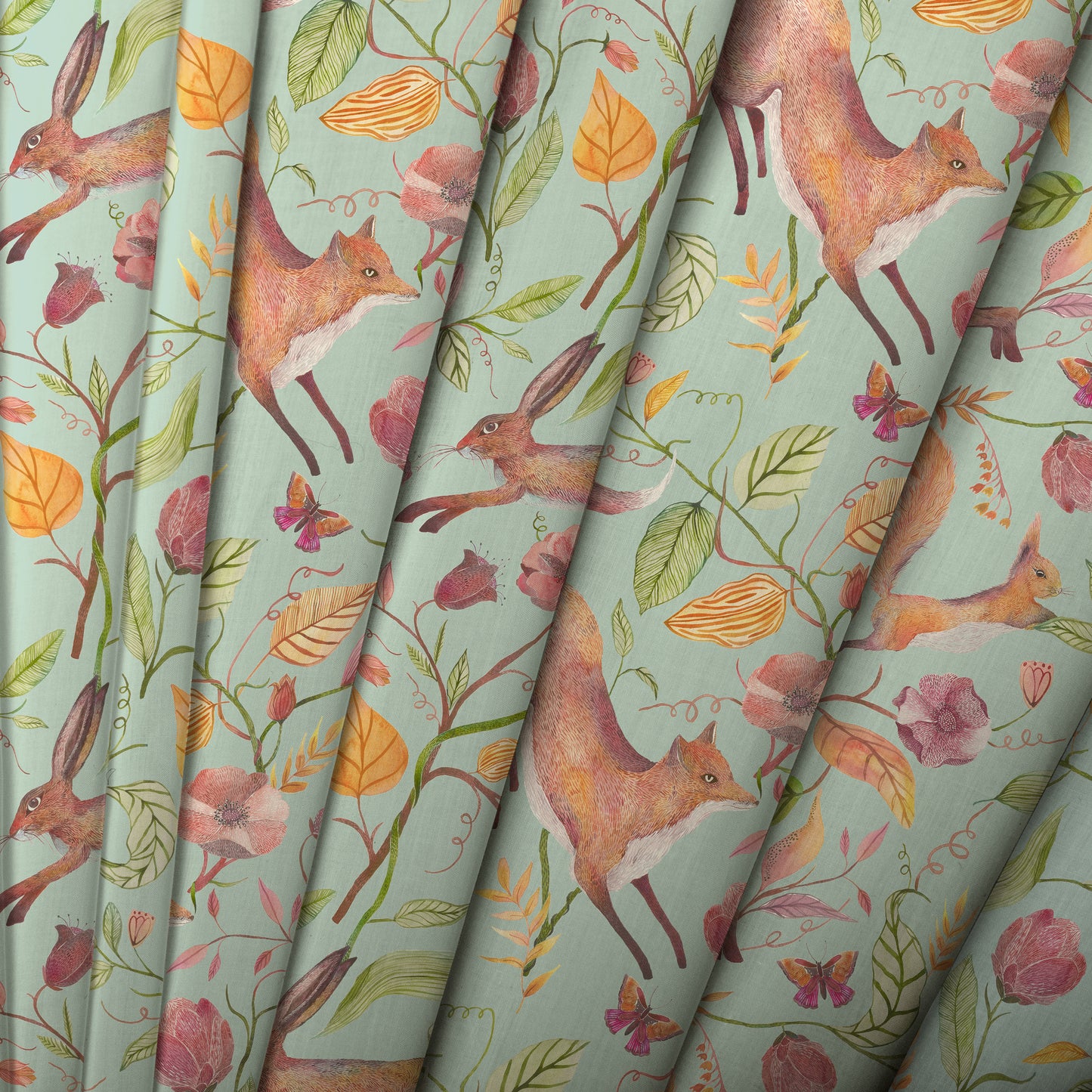 Leaping Into The Fauna Fabric Sample - Duck Egg Blue