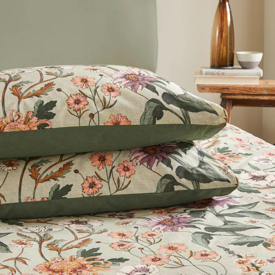 Wallflower Botanical Duvet Cover Set - Celadon Green