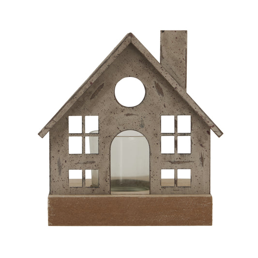 Rustic Metal House Tealight On Wood Stand With Glass Votive