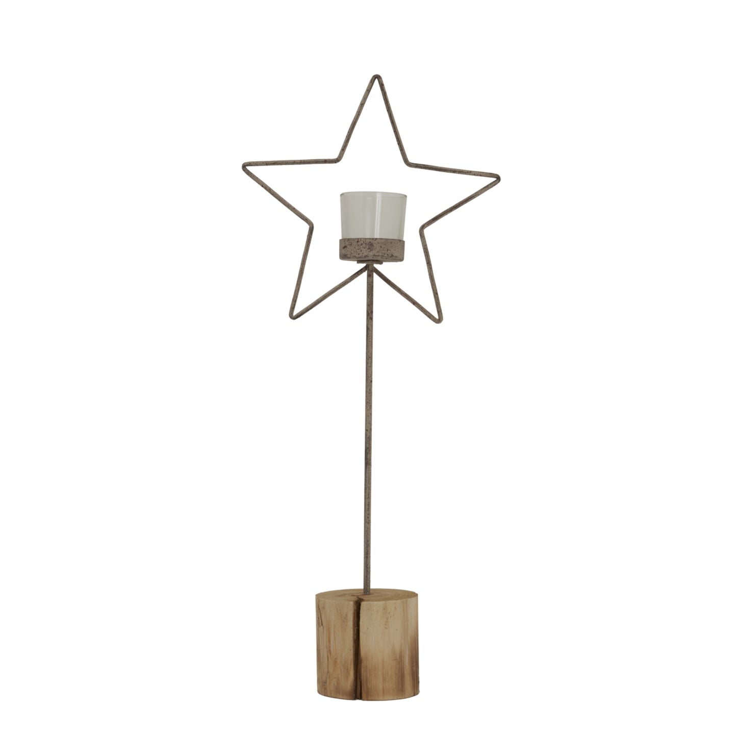 Natural Rustic Star On Wood Stand With Glass Votive