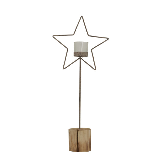 Natural Rustic Star On Wood Stand With Glass Votive