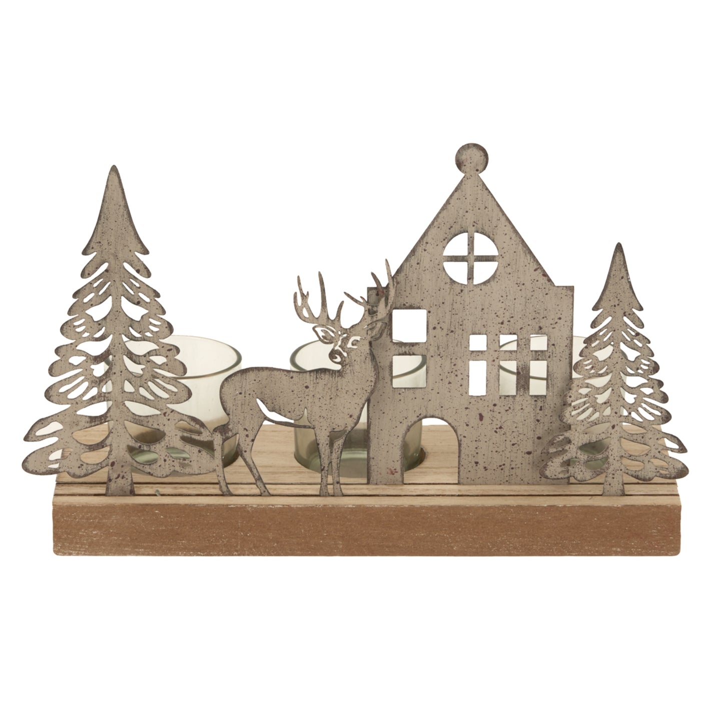 Rustic Metal Scene Tealight On Wood Stand With Glass Votives