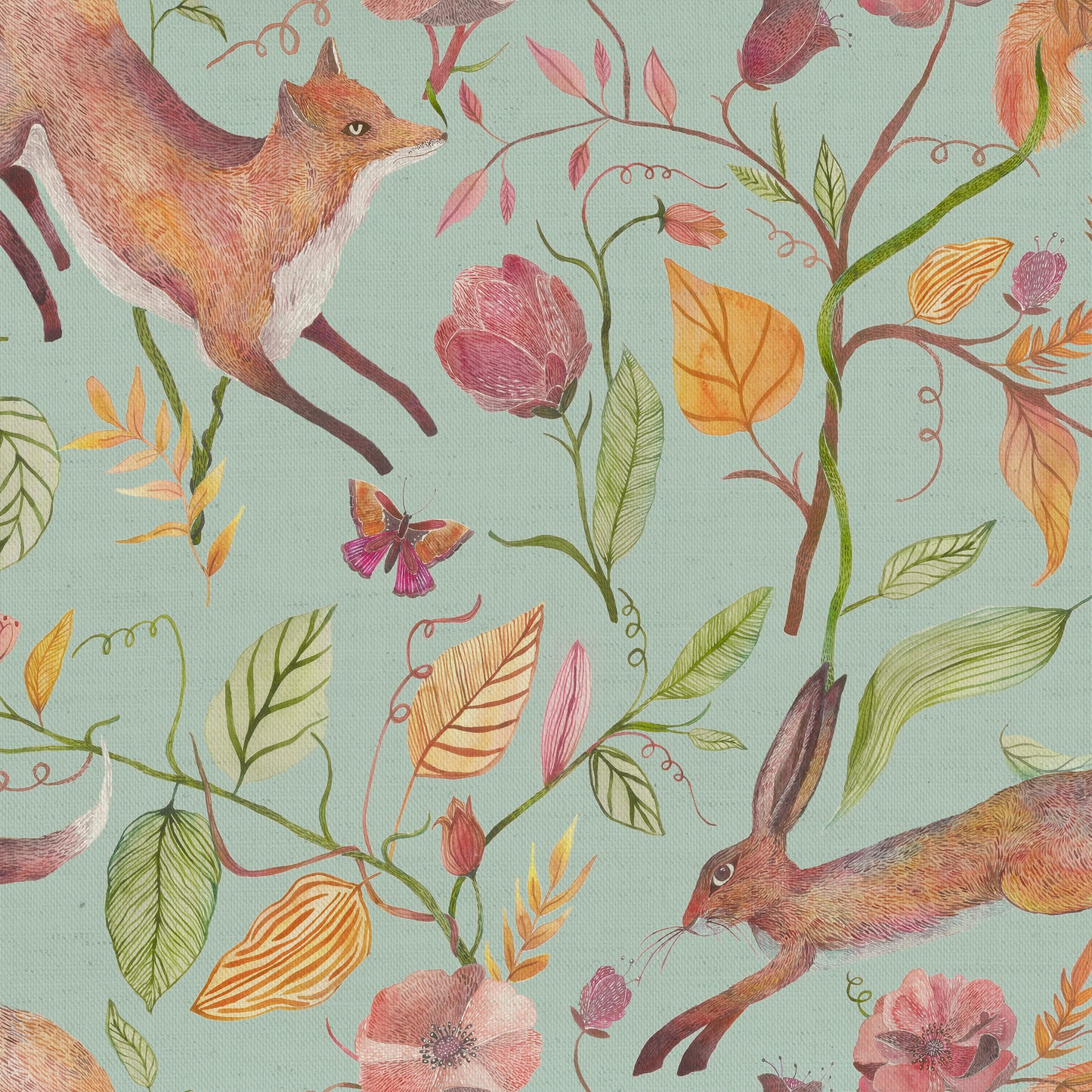 Leaping Into The Fauna Fabric Sample - Duck Egg Blue