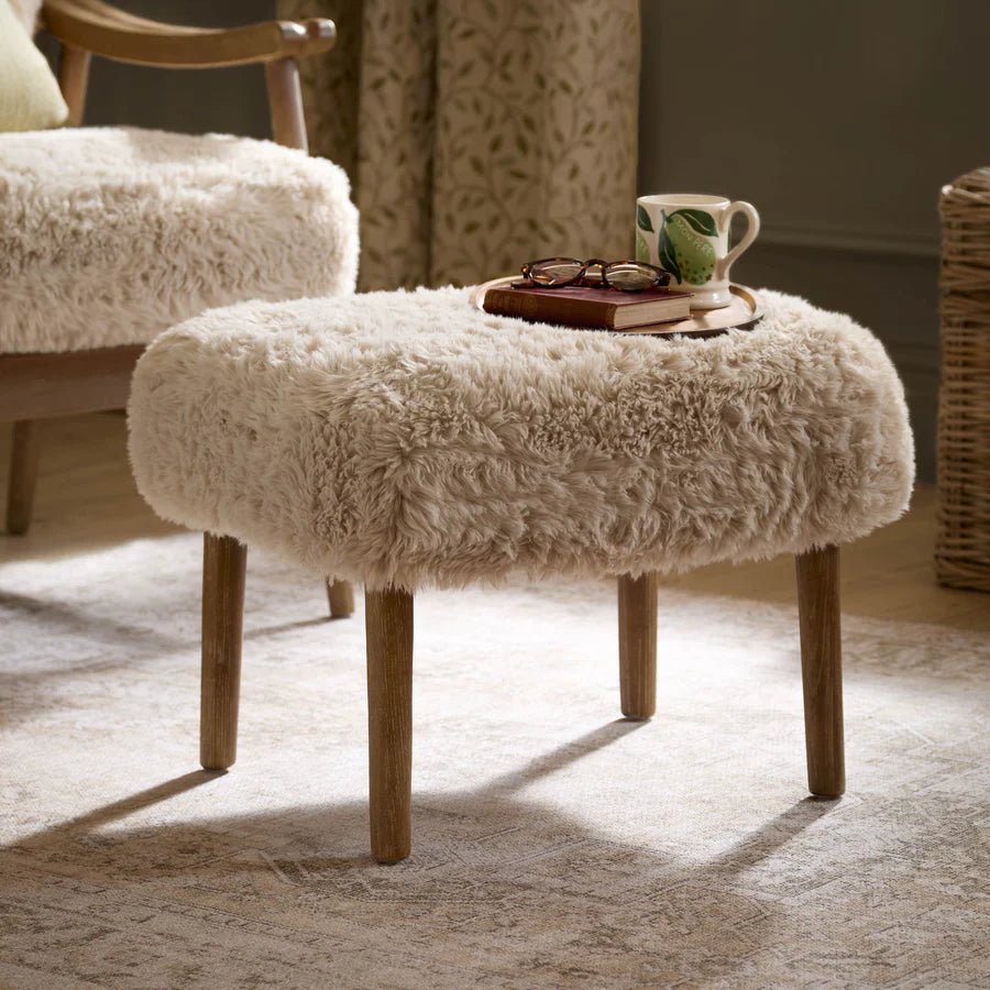 Struan Faux Fur Armchair & Footstool - Natural