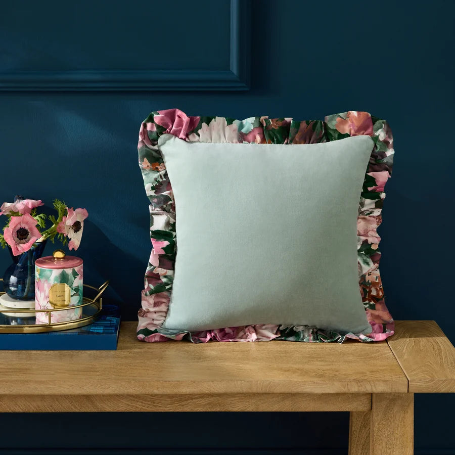 Tahiti Velvet Frilled Cushion Blue